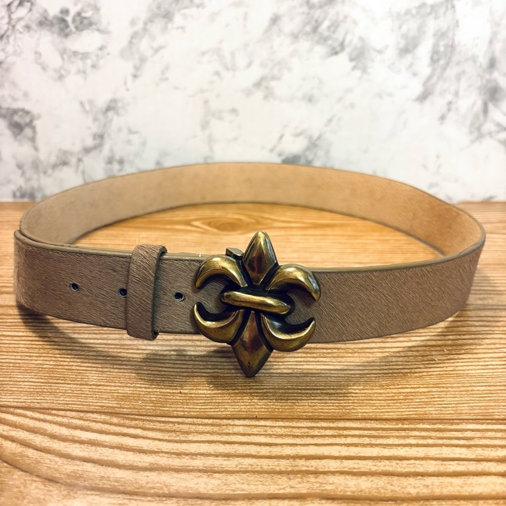 ABS Allen Schwartz Genuine Calf Hair Leather Belt with Fleur-De-Lis Buckle